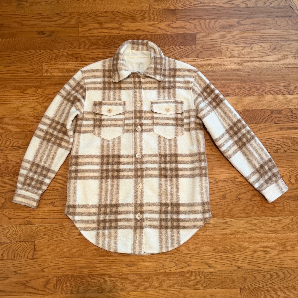 Joie Plaid Shirt Jacket Shacket Cream Brown Size Small P S/P Pockets Curved Hem